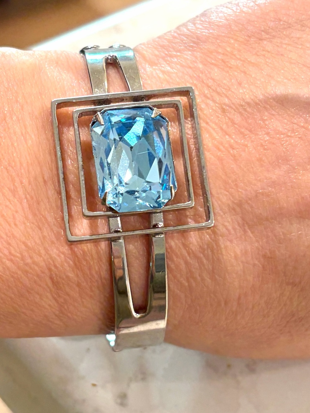 Vintage Modernist Geometric Cuff Bracelet | Faux Blue Topaz / Aquamarine